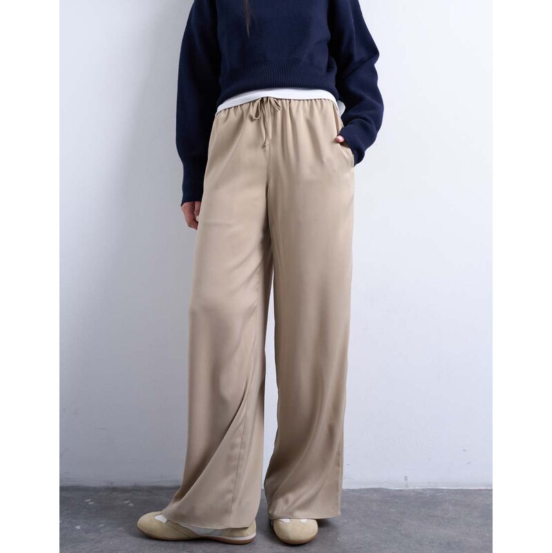Topshop satin tie waist wide leg trouser in champagne-Neutral