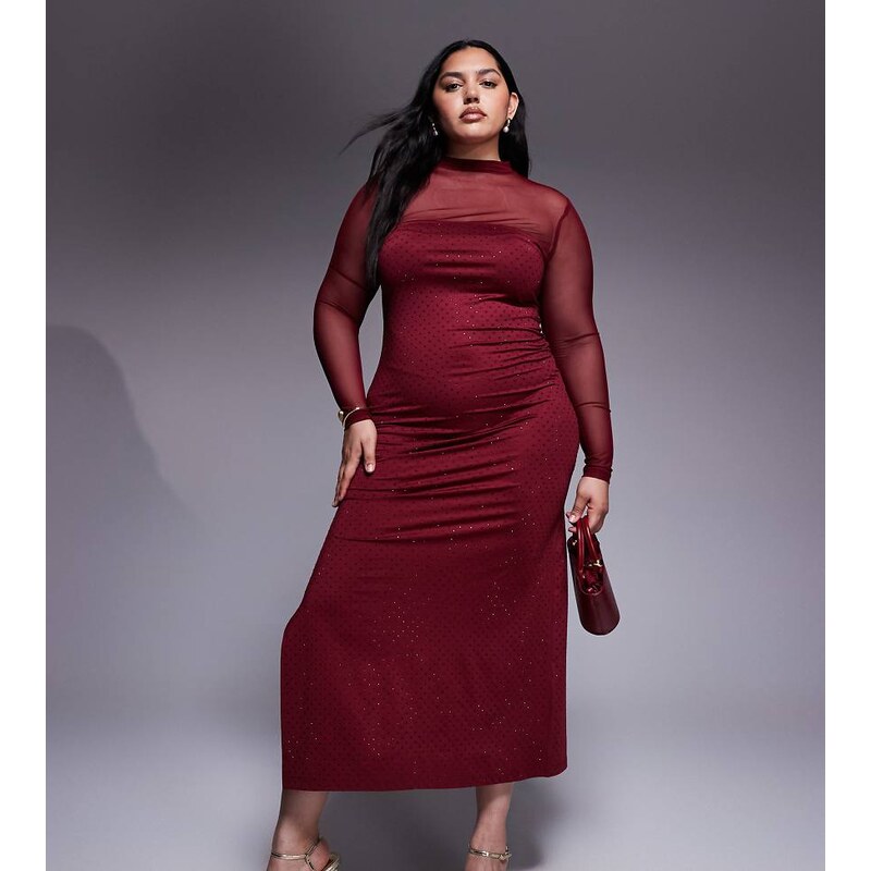 Renee Studio mesh high neck hotfix side split maxi dress in burgundy 109849049