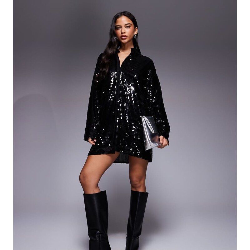Kaiia exclusive premium sequin oversized shirt mini dress in black 110434981