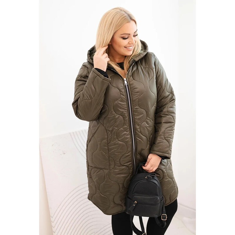 K-Fashion Dámská zimní prošívaná bunda Plus Size s kapucí khaki