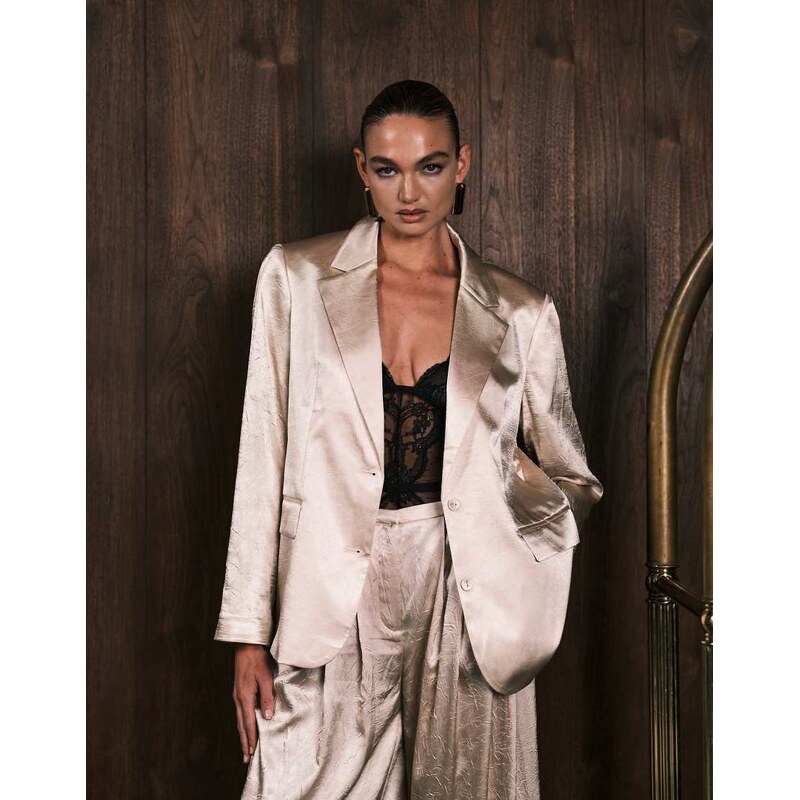 ASOS DESIGN tailored unstructured satin blazer in oyster-White