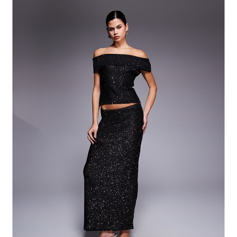 Kaiia exclusive off shoulder sequin knit maxi skirt co-ord in