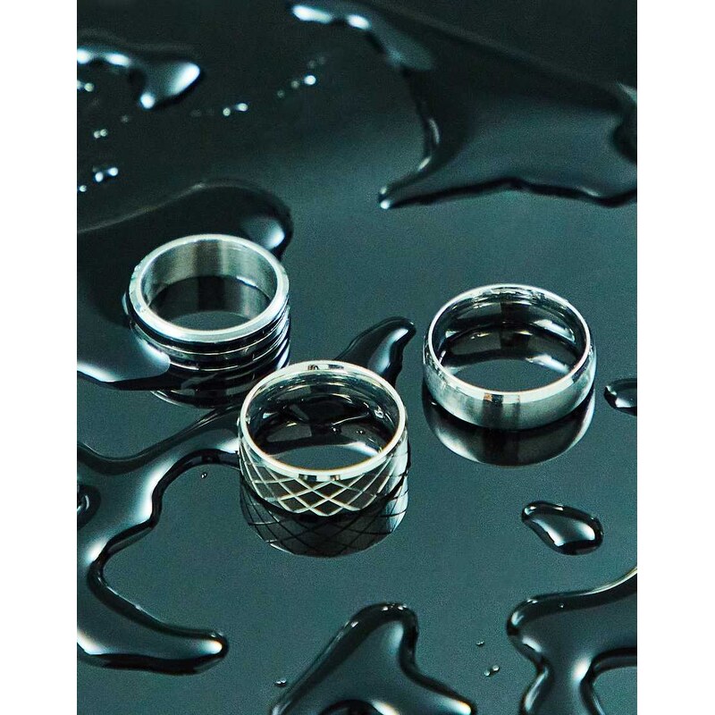 ASOS DESIGN 3 pack waterproof stainless steel band ring set in silver 105247647