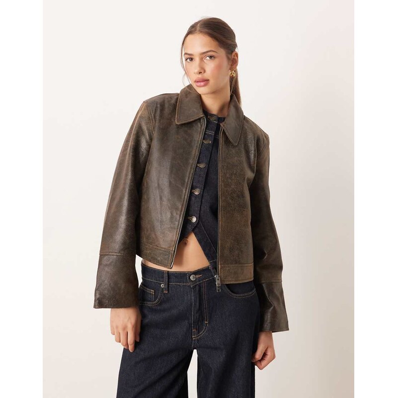 JJXX leather jacket in washed brown 109676012