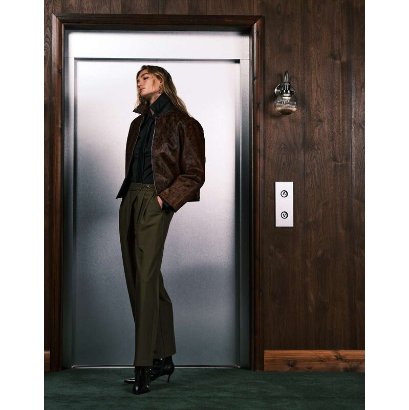 ASOS DESIGN tailored asymmetric wrap wide leg trousers with buckle detail in khaki-Green