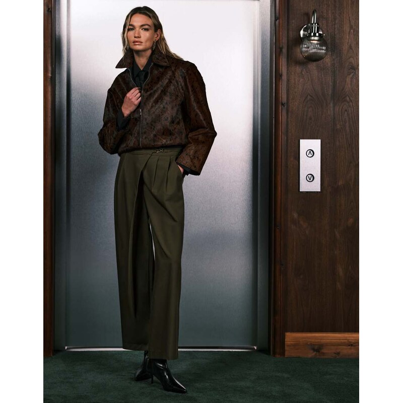 ASOS DESIGN tailored asymmetric wrap wide leg trousers with buckle detail in khaki-Green