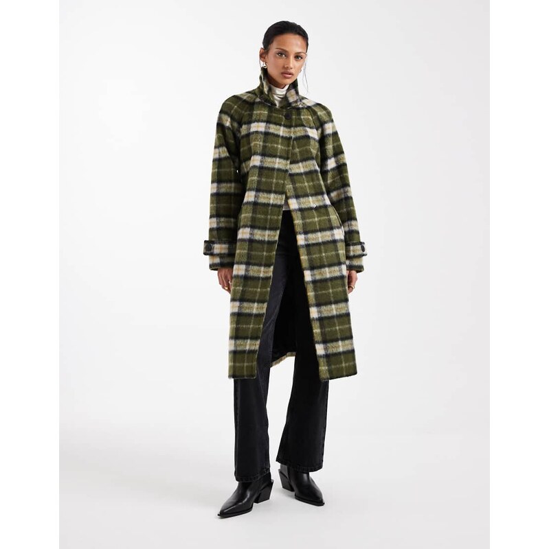 Vero Moda brushed formal belted coat in khaki check print-Green