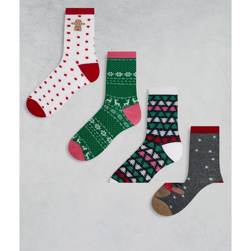 Vero Moda christmas 4 pack socks in multicolour-White 109676305