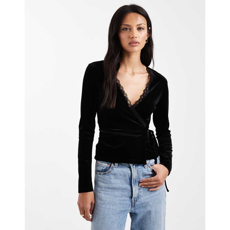 Miss Selfridge velvet long sleeve wrap top in black