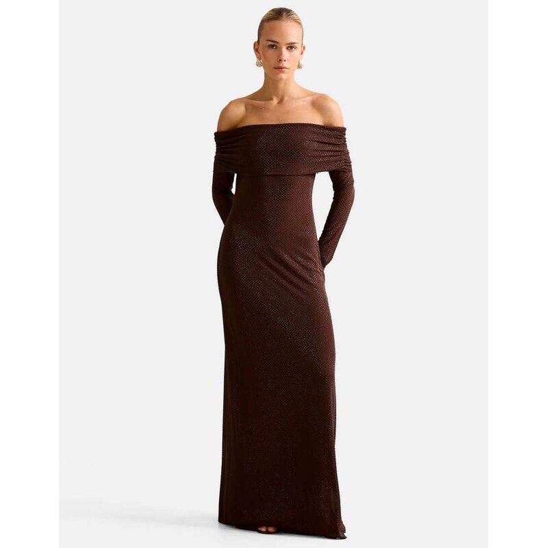 Forever New slinky hotfix fold over bardot maxi dress in chocolate 109676858