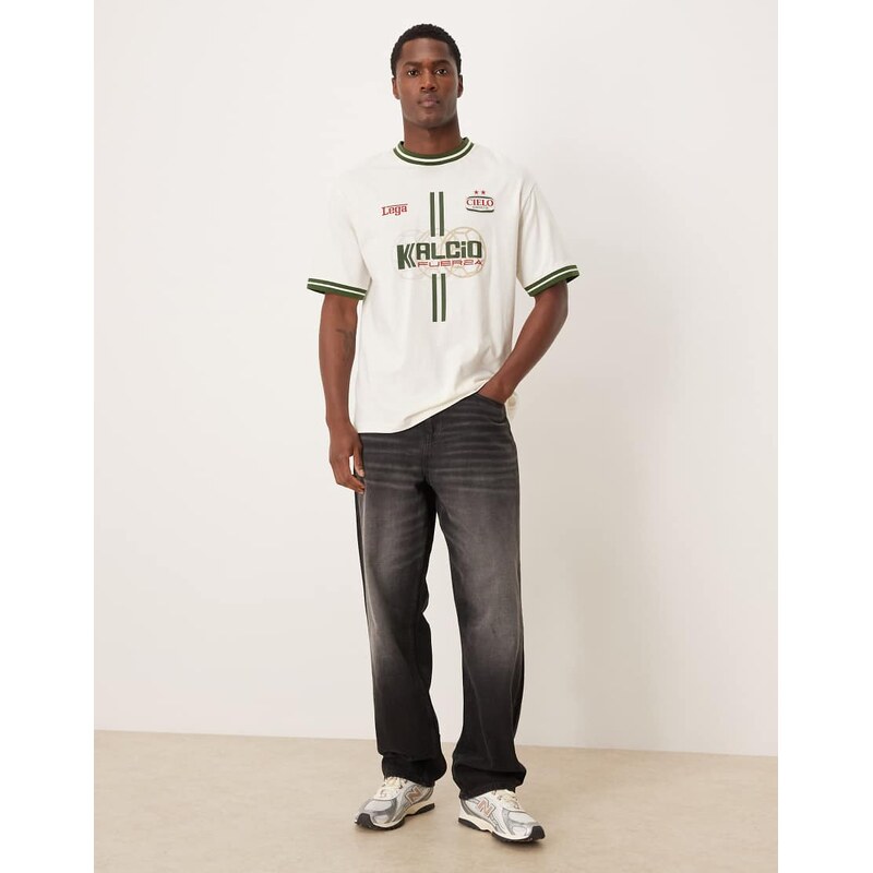 ASOS DESIGN relaxed t-shirt with neck and cuff tipping and football graphic in off white