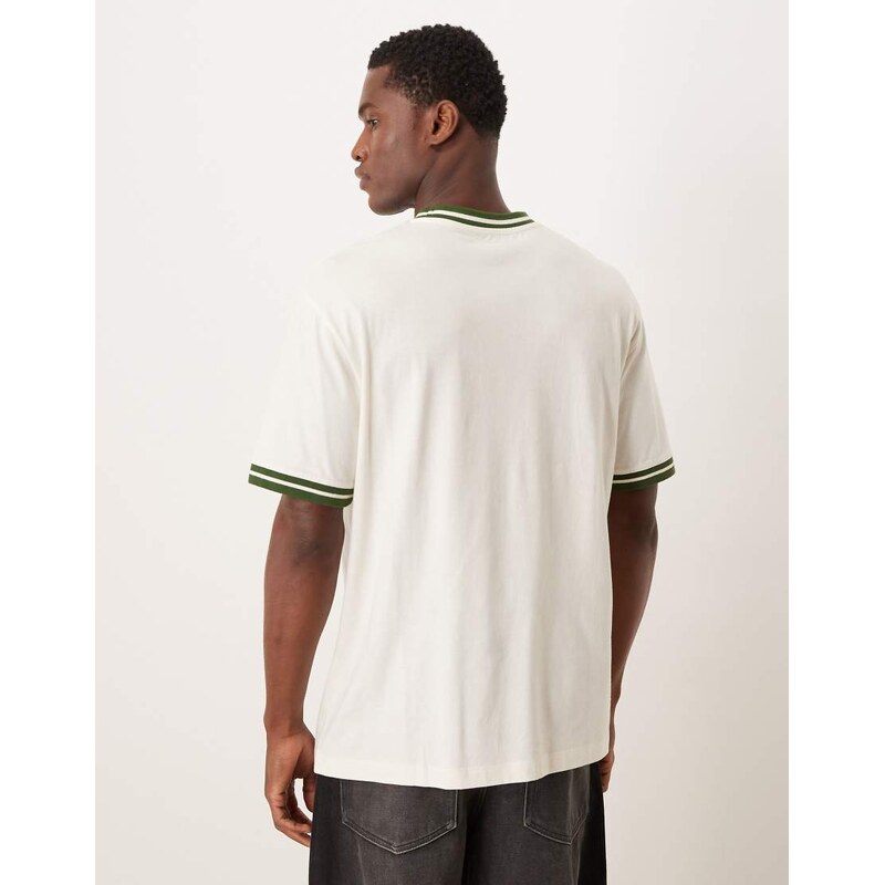 ASOS DESIGN relaxed t-shirt with neck and cuff tipping and football graphic in off white