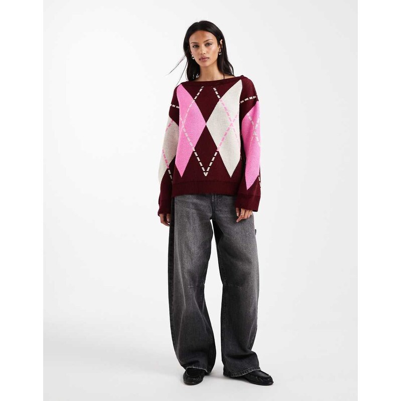 Miss Selfridge oversized knitted argyle jumper in pink-Multi 109676929