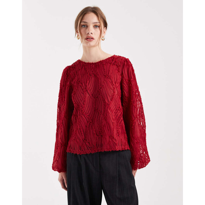 Object 3D textured long sleeve top in red 110425471