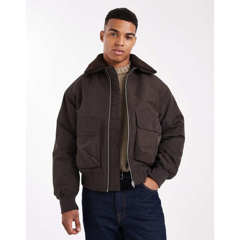 Jack & Jones bomber jacket with borg collar in chocolate brown