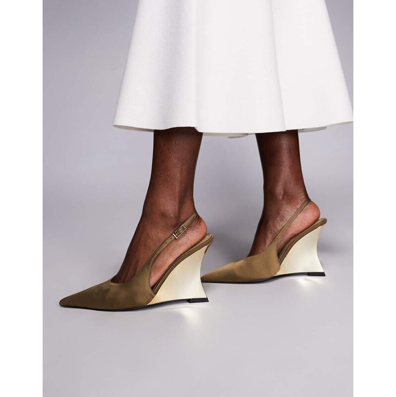 ASOS DESIGN Professor electroplated sculpted slingback wedges in olive 115740621