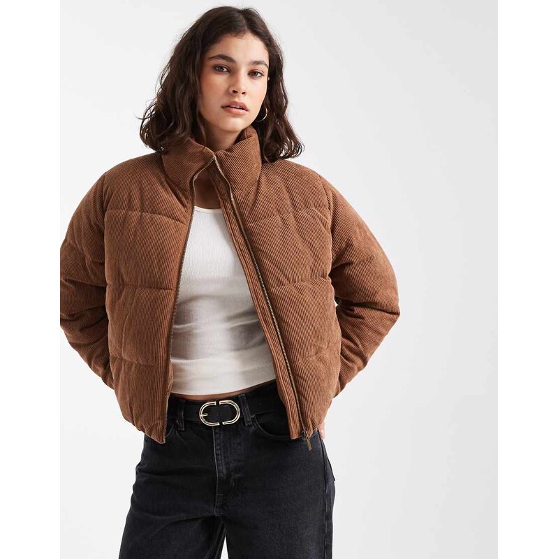 New Look cord cropped puffer jacket in tan-Brown