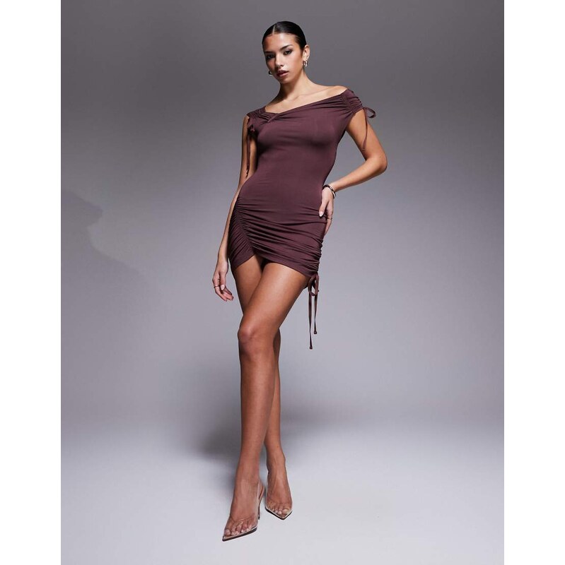 I.AM.GIA Asha shirred slinky ruched tie detail off shoulder mini dress 109707757