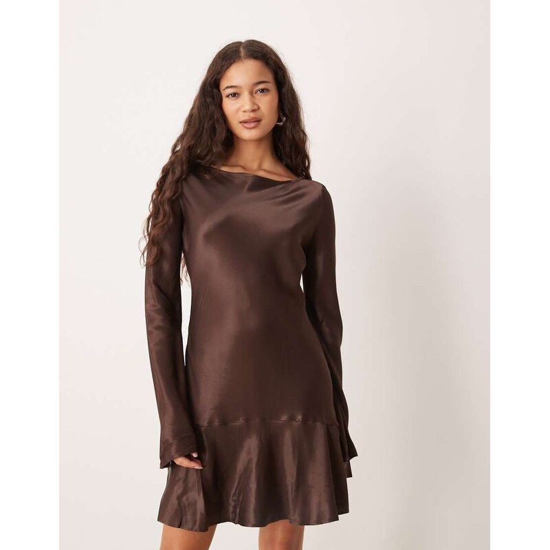 ASOS DESIGN satin drop waist mini dress in chocolate-Brown