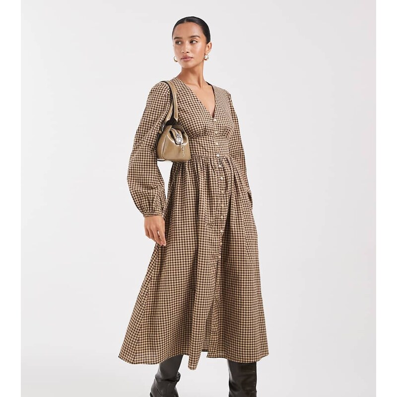 New Look Petite check tea midi dress in yellow pattern