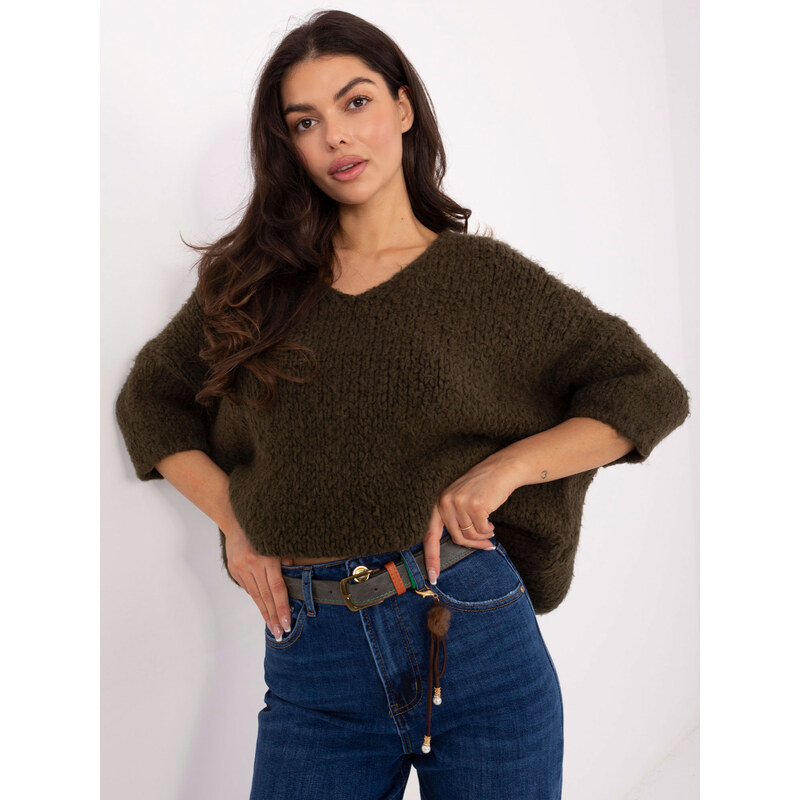 ITALY MODA Khaki dámský oversize svetr -khaki