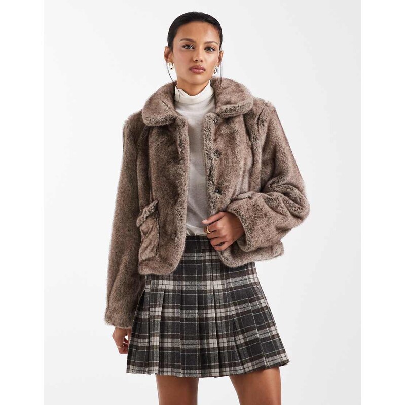 Object premium super soft faux fur cropped jacket in light brown