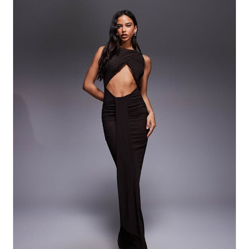Murci exclusive slash neck cross front cut out drape detail maxi