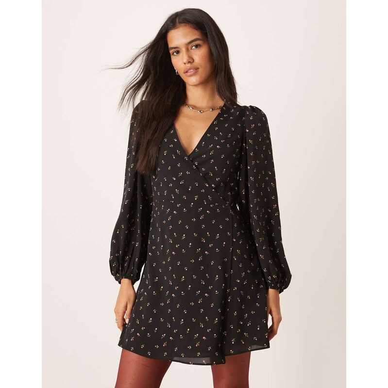 Glamorous 70s puff sleeve v neck mini dress in multi floral