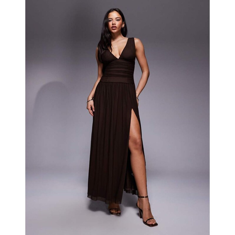 Rare London exclusive mesh overlay plunge ruched waist side split maxi 115592759