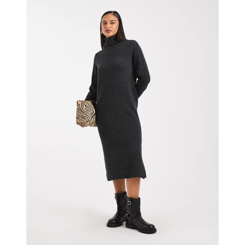 Vero Moda soft knitted roll neck midi dress in dark grey melange