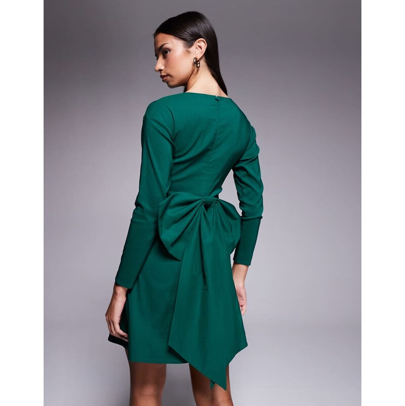 TFNC bengaline long sleeve a-line bow back mini dress in green 113585138