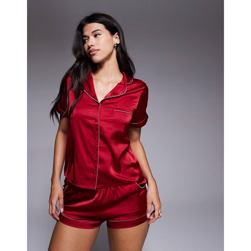 Boux Avenue Luxe satin revere top and shortie set with stripe piping 115513485
