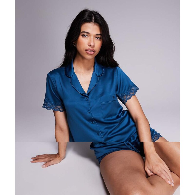 Boux Avenue Amelie matte satin revere top and short set in dark teal 110533983