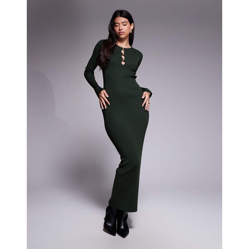 Kaiia exclusive cut out detail long sleeve knitted maxi dress in dark 110406023