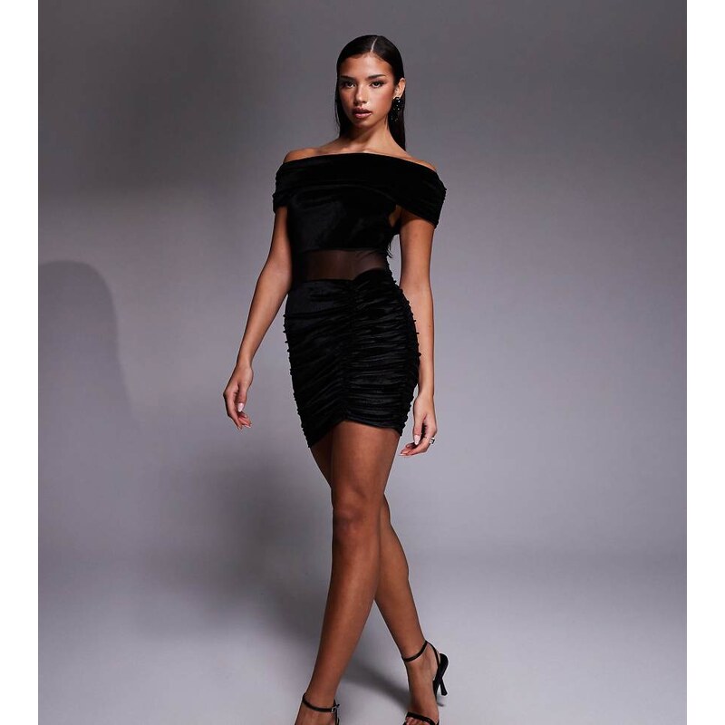 Kaiia exclusive velvet bardot mesh insert ruched skirt detail mini 110062968