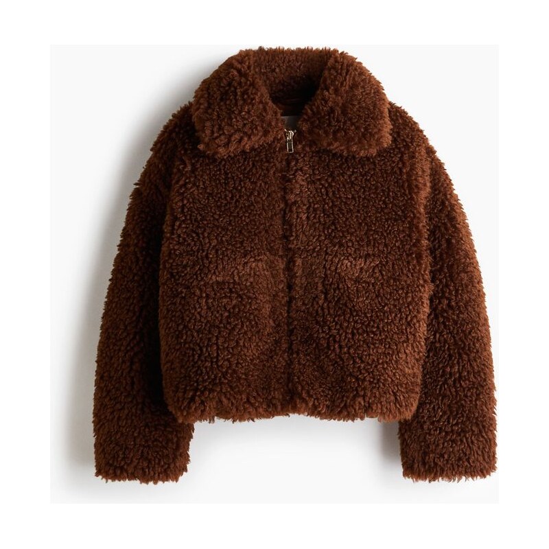 H&M - Plyšová bunda - Tmavě Hnědá