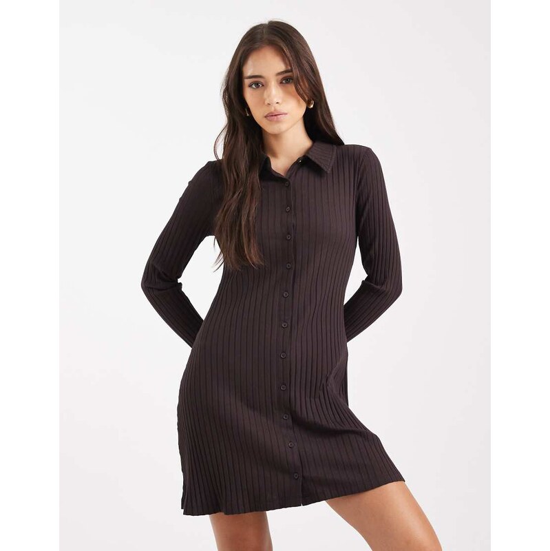 Miss Selfridge rib polo button through mini dress in chocolate