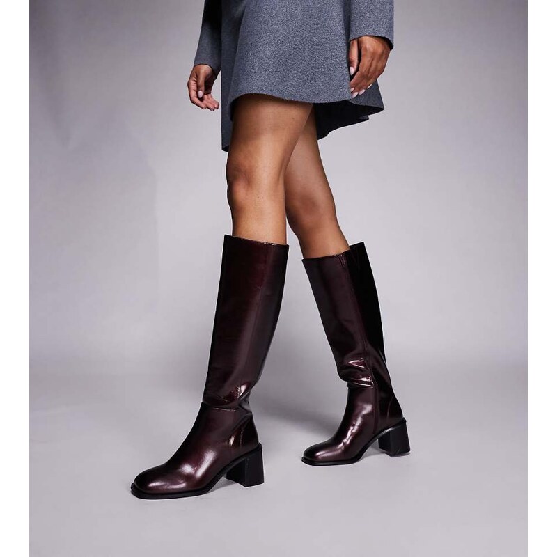 Public Desire Wide Fit Katy block heel knee boots in burgundy-Red 110405752