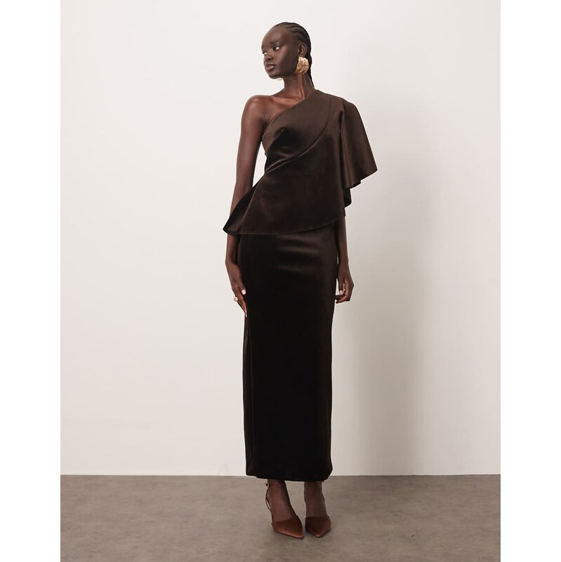 ARRANGE one shoulder velvet bodice maxi dress in chocolate-Brown