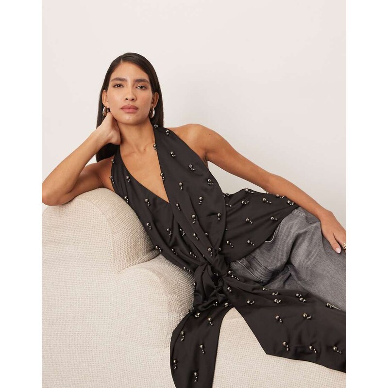 ARRANGE embellished plunge tie halter top in black 115718815