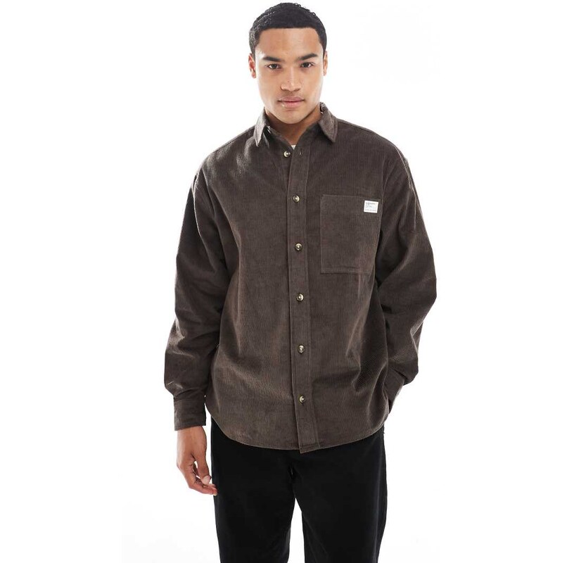 ASOS DESIGN oversized cord shirt with badge detail in brown