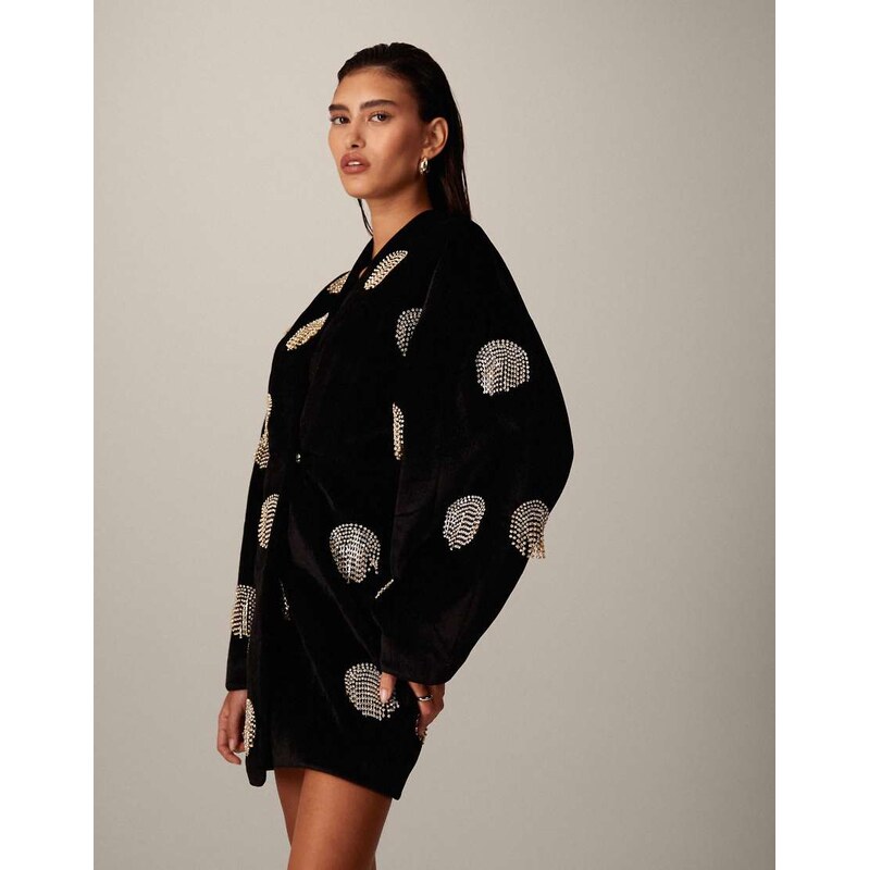 ARRANGE velvet wrap mini dress with spot embellishment in black