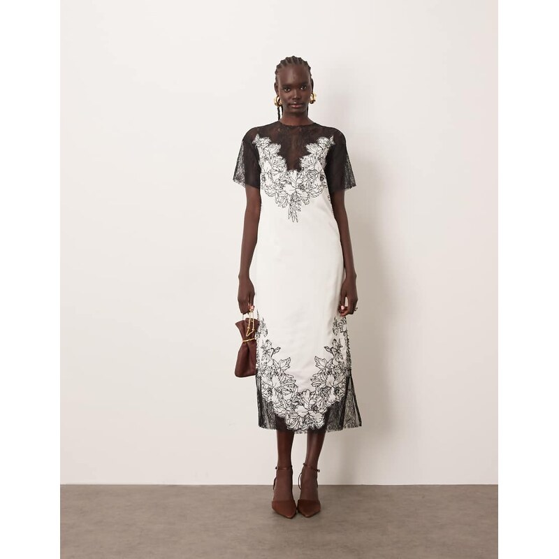ARRANGE satin lace applique embroidered column midi dress in ivory 109733109