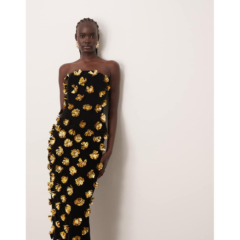 ARRANGE 3D floral bandeau column maxi dress in black