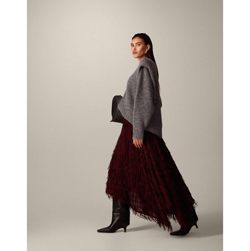 ARRANGE fringe texture asymmetric maxi skirt in oxblood-Red