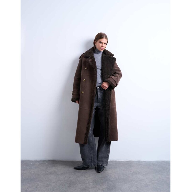 Topshop longline funnel aviator shearling in chocolate-Brown