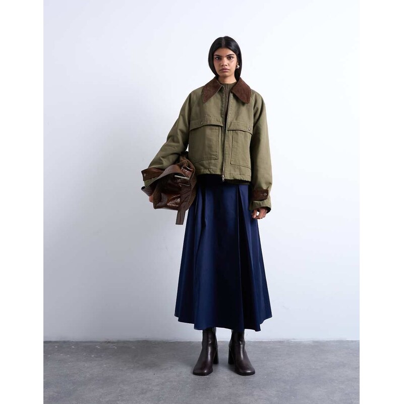 Topshop denim padded barn jacket with contrast cord collar in