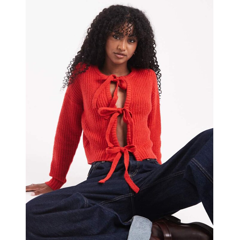 Wednesdays Girl tie detail cardigan in red