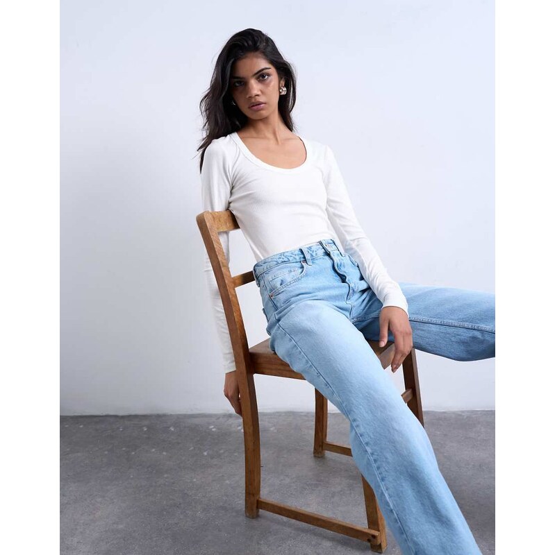Topshop premium rib long sleeve wide scoop neck top in ecru-White 115718855