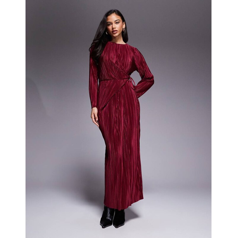 ASOS DESIGN plisse long sleeve wrap tie waist maxi dress in wine